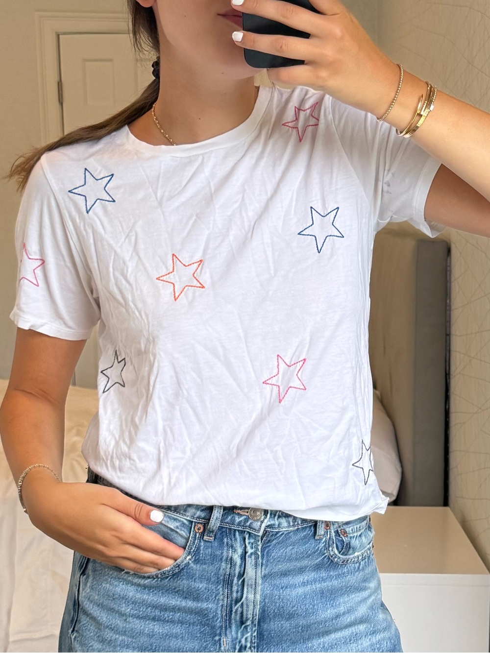 White Star-Embroidered Tee with Multicolor Stars